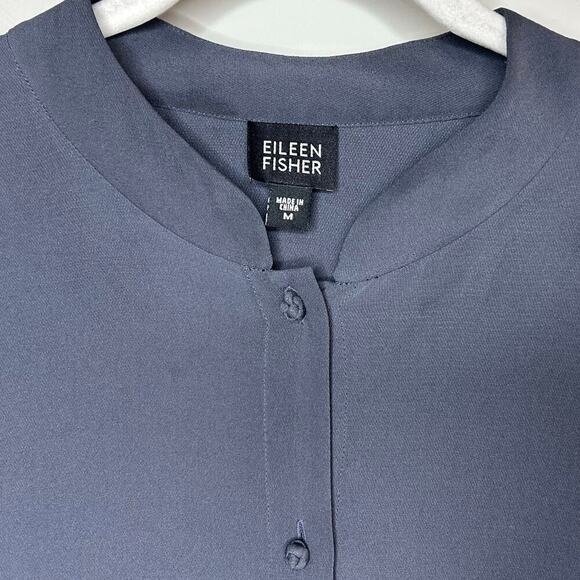 Eileen Fisher 100% Silk Gray Tunic Shirt Size M Mandarin Collar Knot Buttons - Picture 4 of 10